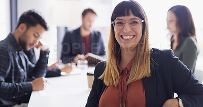 Buy stock photo Portrait, employee and woman with group in boardroom, confident and publicist with smile in meeting. Happy, media manager and discussion for brand awareness with campaign, public relations and USA
