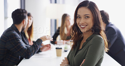 Buy stock photo Portrait, company or woman at law meeting with smile, group project or negotiation in boardroom. Confident, happy and proud attorney in office for private practice, legal career and corporate justice