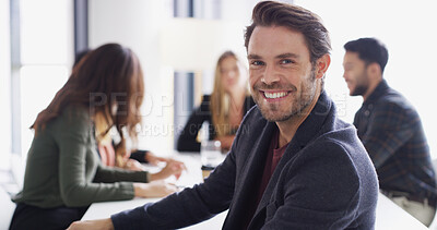 Buy stock photo Portrait, meeting or happy man in boardroom with confidence, group and public relations agency. Business, media manager and publicist in office for brand awareness, campaign and corporate project