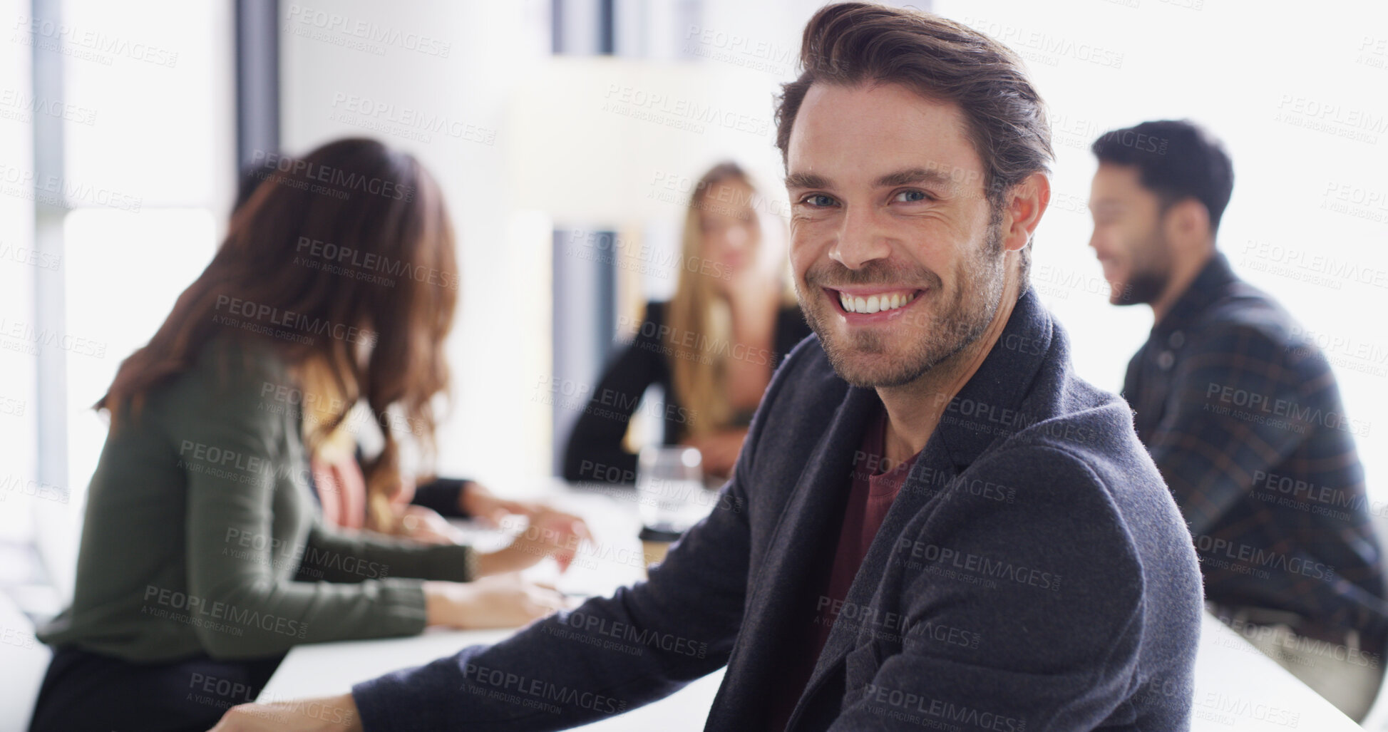 Buy stock photo Portrait, meeting or happy man in boardroom with confidence, group and public relations agency. Business, media manager and publicist in office for brand awareness, campaign and corporate project