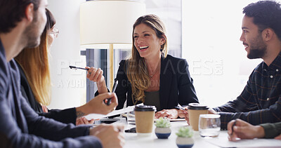 Buy stock photo Laugh, talk or happy woman in meeting with teamwork, group and legal negotiation in boardroom. Documents, business and attorney in office for private practice, collaboration and corporate justice
