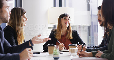Buy stock photo Business, people or happy with discussion in boardroom for press release, media relations or ideas. Agency, publicist and journalists with meeting for brand management, publicity planning or strategy