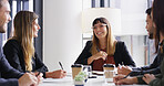 Laughing worker or woman in boardroom with teamwork, business or public relations agency. Funny joke, media manager and happy publicist in meeting for brand awareness, campaign and startup project