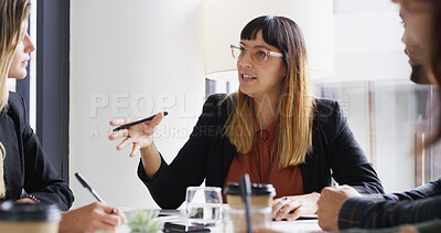 Buy stock photo Meeting, team and business woman in office for audit, planning and budget report. Account feedback, quarterly assessment and financial consultant with people n agency for investor and discussion
