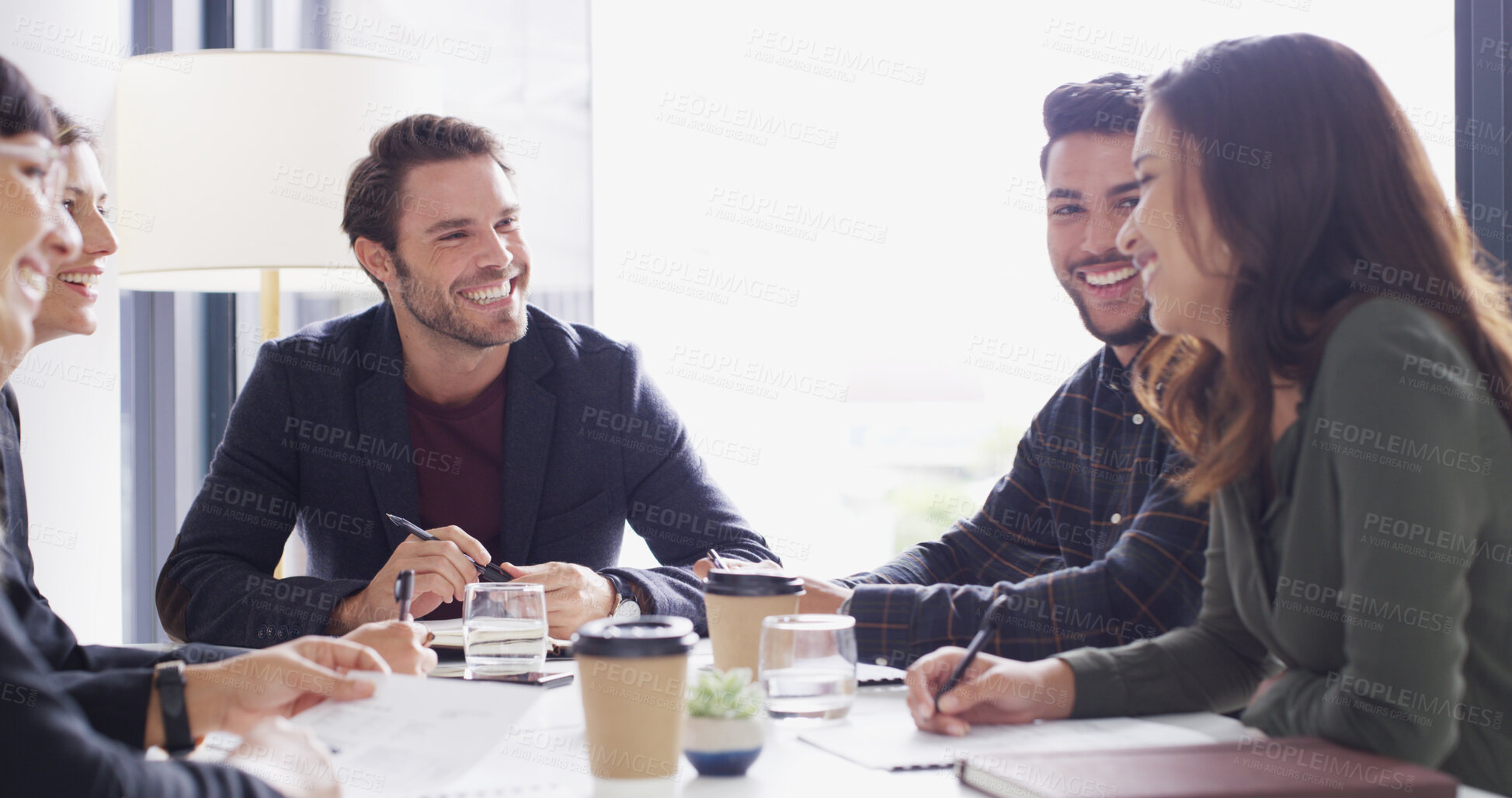 Buy stock photo Meeting, happy business people and discussion with team for idea, strategy or financial planning. Office, group and conversation with manager for investment growth, budget increase or brainstorming