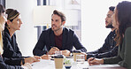 Meeting, business people and discussion with team for idea, brainstorming strategy or financial planning. Office, group and conversation with manager for investment proposal, budget and collaboration