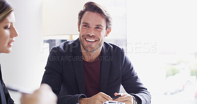 Buy stock photo Happy, negotiation or businessman in meeting with accountant, teamwork or investment review. Smile, collaboration or confident financial advisor in boardroom for feedback, finance or risk management