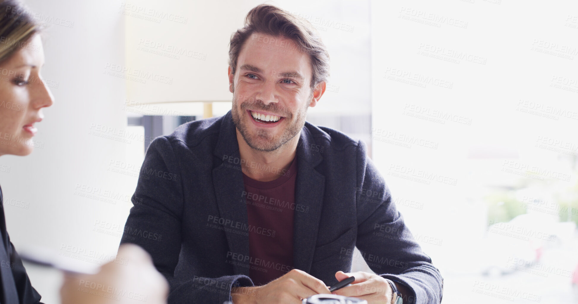 Buy stock photo Happy, negotiation or businessman in meeting with accountant, teamwork or investment review. Smile, collaboration or confident financial advisor in boardroom for feedback, finance or risk management