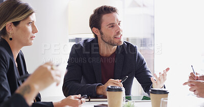 Buy stock photo Finance, negotiation or businessman in meeting with advisor, teamwork or investment review. Taxes, collaboration or accountants talking in boardroom for feedback, accounting audit or risk management