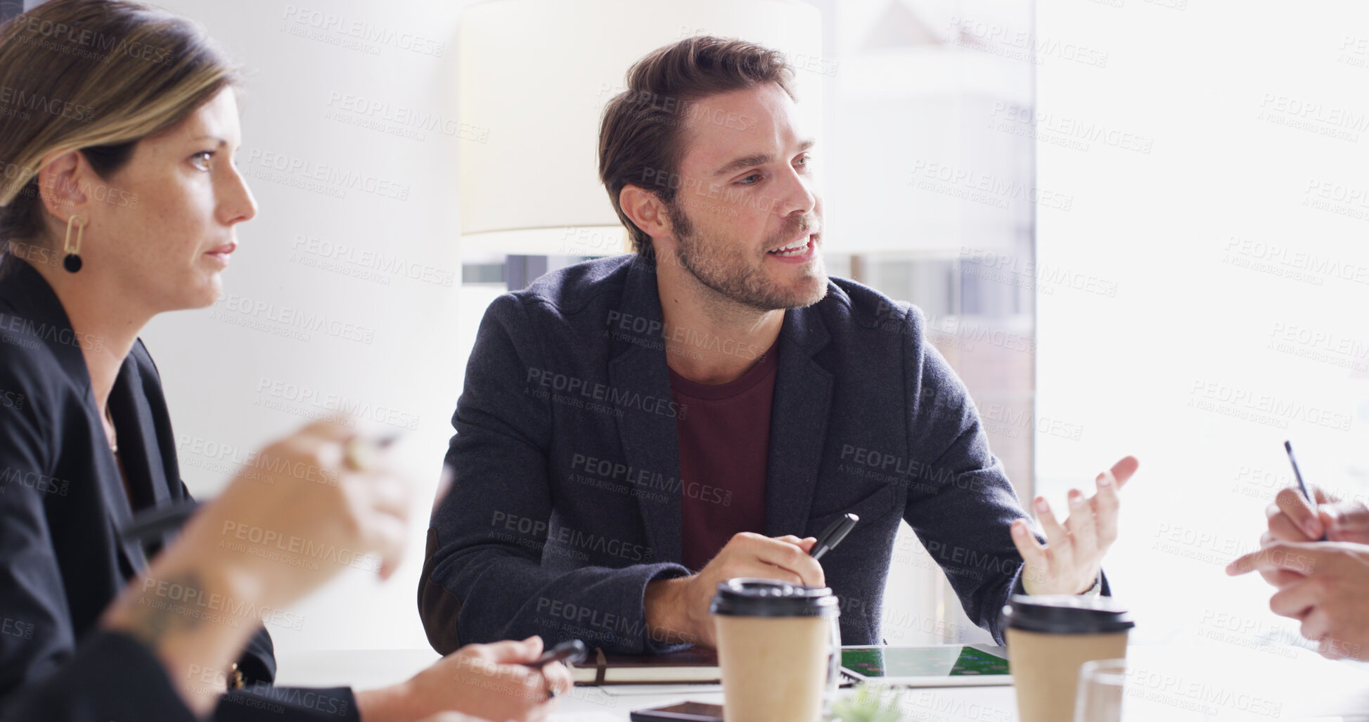 Buy stock photo Finance, negotiation or businessman in meeting with advisor, teamwork or investment review. Taxes, collaboration or accountants talking in boardroom for feedback, accounting audit or risk management