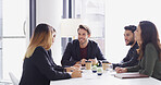 Meeting, happy business people and brainstorming in office for idea, strategy and financial planning. Smile, group and conversation with manager for investment growth, budget increase and discussion
