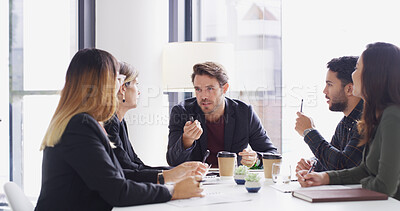 Buy stock photo Meeting, business people and brainstorming with manager in office for idea or financial strategy. Planning, group and conversation for investment proposal, budget review or discussion with delegation