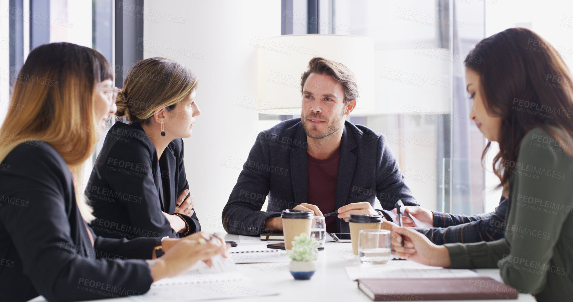 Buy stock photo Group, business people and planning in office for idea, brainstorming or financial strategy. Discussion, team meeting and conversation with manager for investment proposal, budget and collaboration