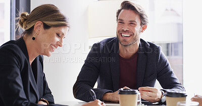 Buy stock photo Project, laughing or businessman in meeting with advisor, teamwork an investment budget. People, funny joke and happy accountants in boardroom for feedback, accounting review and risk management