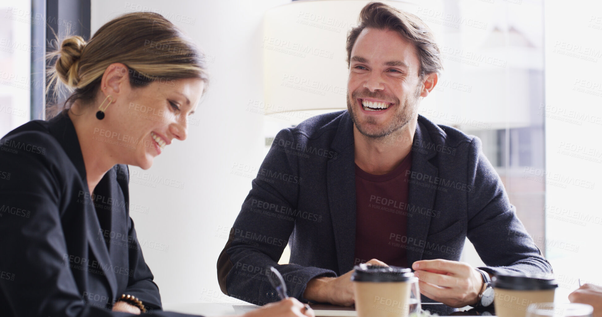 Buy stock photo Project, laughing or businessman in meeting with advisor, teamwork an investment budget. People, funny joke and happy accountants in boardroom for feedback, accounting review and risk management