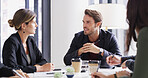 Man, group and meeting with talking in office with agenda, happy and strategy at media company. People, journalist and editor with problem solving, review and team with feedback for project at agency
