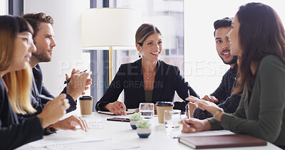 Buy stock photo Discussion, group and colleagues in boardroom, smile and collaboration for investment and corporate. Office, financial analyst and people with ideas for opportunity, teamwork and happy in meeting