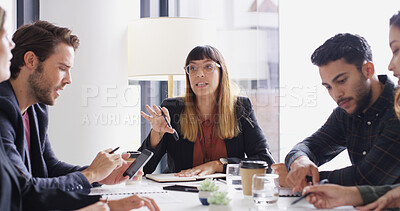 Buy stock photo Collaboration, explain and meeting with business people in boardroom for discussion or planning. Finance, management and teamwork with employee group in office together for professional workshop