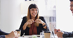 Meeting, employees and businesswoman with smile in office, talking and creative expansion in agency. Boardroom, staff and startup manager with cooperation for discussion, feedback and team of writers