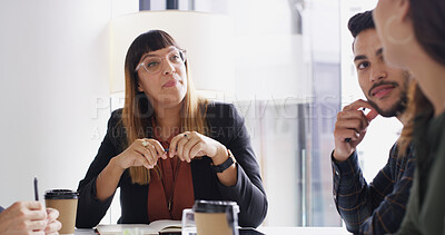 Buy stock photo Office, staff and businesswoman with talking in meeting, listening and creative expansion in agency. Boardroom, people and startup manager with cooperation for discussion, feedback or team of writers