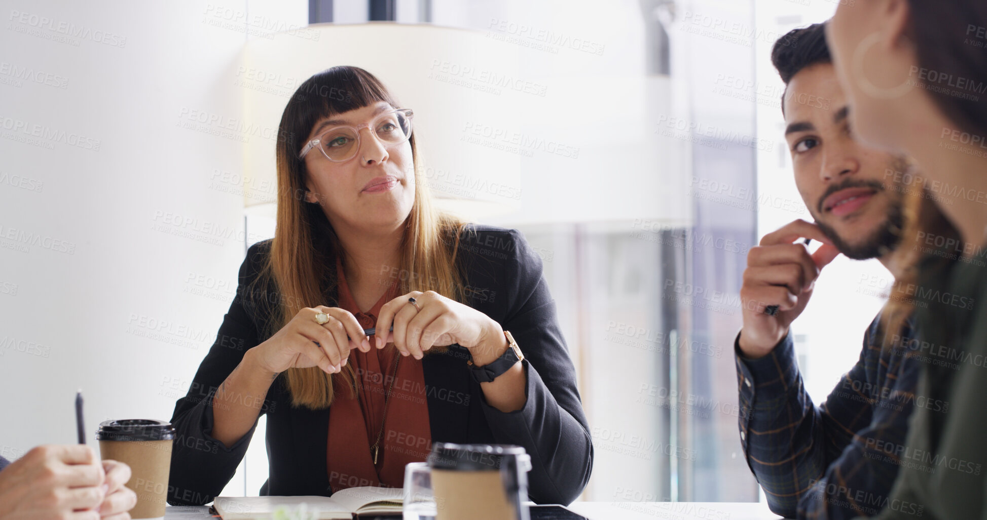 Buy stock photo Office, staff and businesswoman with talking in meeting, listening and creative expansion in agency. Boardroom, people and startup manager with cooperation for discussion, feedback or team of writers