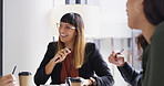 Business people, meeting and group in office, smile and feedback for news report. Employees, magazine editor and journalist in workplace, discussion and advice for subscription growth or creativity