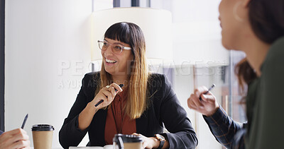 Buy stock photo Business people, meeting and group in office, smile and feedback for news report. Employees, magazine editor and journalist in workplace, discussion and advice for subscription growth or creativity