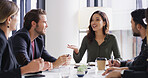 Office, employees and businesswoman with feedback in meeting, smile and creative expansion in agency. Boardroom, staff and startup manager with cooperation for discussion, talking and team of writers