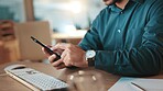 Business, hands and man with phone in office for checking schedule, mobile chat or email response. Professional, employee or scroll on smartphone for calendar update, communication or online research