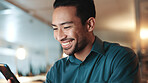 Happy, businessman and night with phone for communication, social media or network at office. Man, employee or user working late with smile on mobile smartphone for research, app or chat at workplace