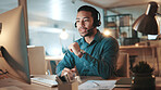 Computer, headset and solution with man in call center for assistance, help pr support at night. Communication, contact us and explain with person at office for online customer service in evening