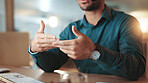 Hands, man and explain on computer for video call, assistance and advice for customer service. Agent, talking and helping client with online procedure, solution steps and information at call centre
