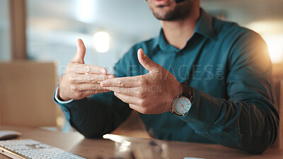 Buy stock photo Hands, man and explain on computer for video call, assistance and advice for customer service. Agent, talking and helping client with online procedure, solution steps and information at call centre
