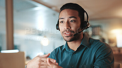 Buy stock photo Communication, explain and headset with man in call center for assistance, help pr support at night. Computer, contact us and solution with person at office for online customer service in evening