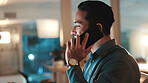 Business, man and phone call in office at night for discussion, finance contact and budget report. Male person, mobile and conversation of schedule update, financial negotiation and deadline feedback