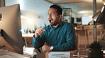 Tired, businessman and night with yawn for fatigue, overworked or deadline at office desk. Exhausted, lazy man or sleepy employee working late in burnout for insomnia, pressure or rest at workplace