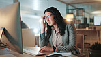 Night, business and woman in office, headache and burnout with pressure, stress or writer. Evening, person or journalist with migraine, eye strain or tension with pain, computer or tired with fatigue