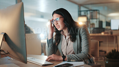 Buy stock photo Night, business and woman in office, headache and burnout with pressure, stress or writer. Evening, person or journalist with migraine, eye strain or tension with pain, computer or tired with fatigue