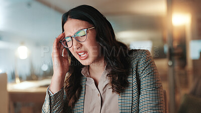Buy stock photo Night, business and woman with glasses headache and burnout with deadline, strain and writer. Evening, person and journalist in office, migraine and eyewear with pain, stress and tired with fatigue