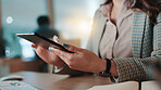 Business, hands or woman with tablet in office for work schedule, online research or email at night. Overtime, employee and scroll on digital app for calendar update, productivity and communication