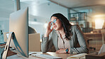 Tired, computer and night with business woman in office for stress, burnout and deadline pressure. Fatigue, exhausted and overworked with frustrated person in agency for 404 error, glitch and report