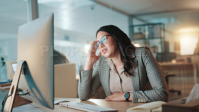 Buy stock photo Tired, computer and night with business woman in office for stress, burnout and deadline pressure. Fatigue, exhausted and overworked with frustrated person in agency for 404 error, glitch and report