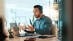 Businessman, consultant and laptop with headset for communication or online advice at office desk. Man, employee or agent talking on computer with explanation for virtual assistance at workplace