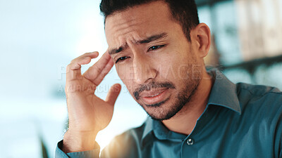 Buy stock photo Night, business and man with pain, headache and burnout with deadline, stress and copywriting. Evening, person and journalist in office, migraine and tension with fatigue, overworked and pressure