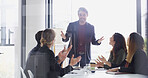 Man, people and meeting with applause in office for good news, pitch success and job promotion. Speaker, staff and praise for bonus achievement, team congratulations and announcement with celebration