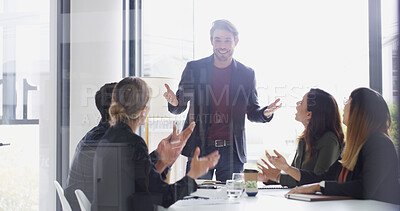 Buy stock photo Man, people and meeting with applause in office for good news, pitch success and job promotion. Speaker, staff and praise for bonus achievement, team congratulations and announcement with celebration
