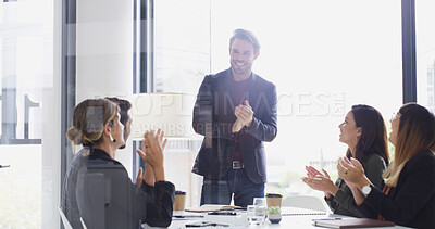 Buy stock photo Business people, team and clapping in office to celebrate promotion, award or win. Happy group, success or applause for target with bonus, goal achievement or congratulations for performance increase