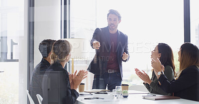 Buy stock photo Business people, team and applause in office for promotion, win award or celebrate goal. Happy group, success or clap for praise with recognition, pointing or congratulations for great work results 