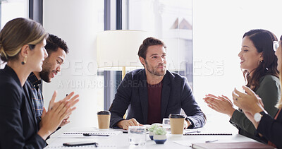 Buy stock photo Business people, team and applause in office to celebrate promotion, award or win. Happy group, success or clapping for praise with bonus, goal achievement or congratulations for performance increase
