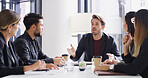 Briefing, conversation and meeting with business people in office together for discussion or planning. Collaboration, speaking and update with employee group in boardroom for development workshop